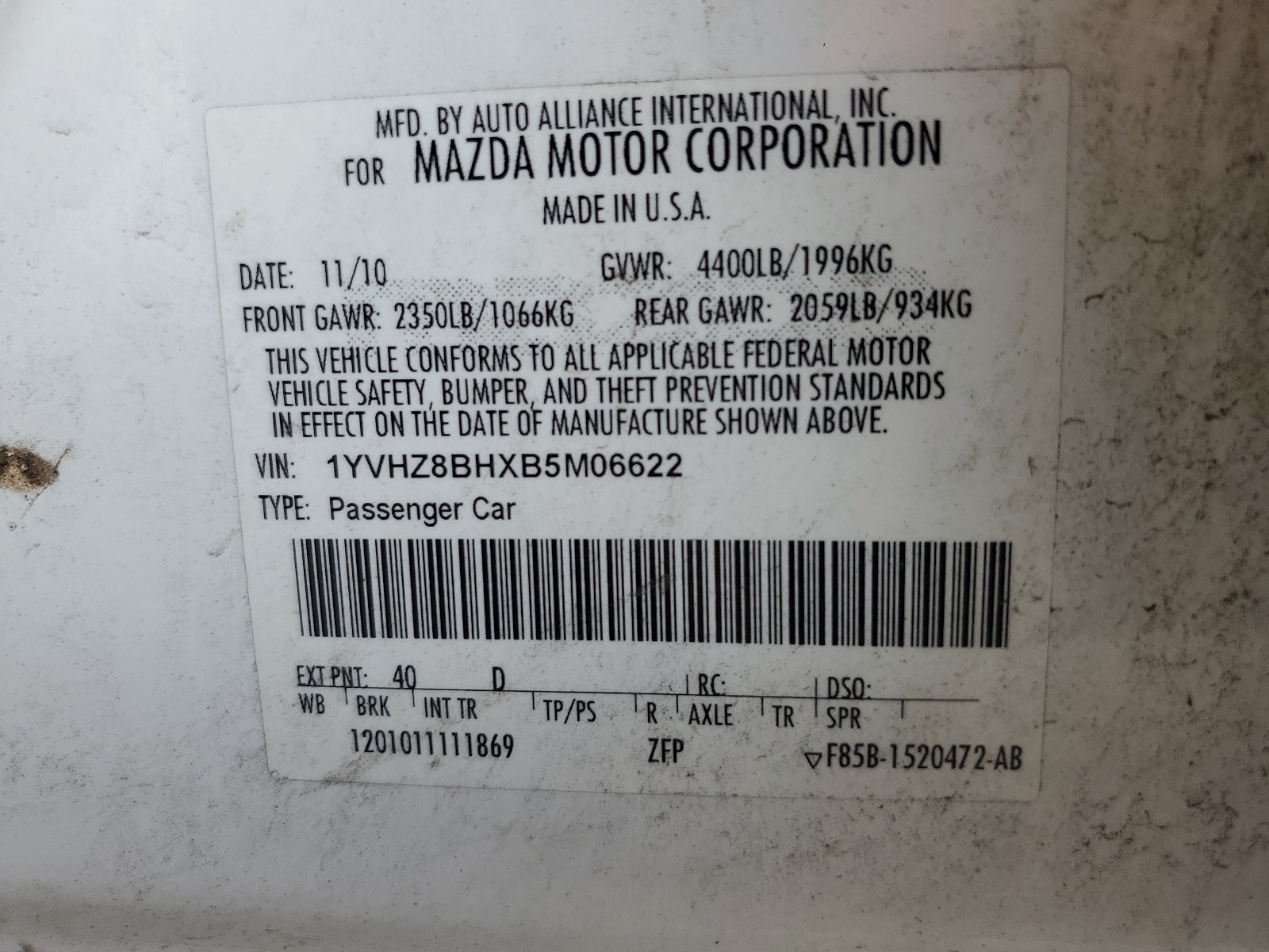 1YVHZ8BHXB5M06622 2011 Mazda 6 I