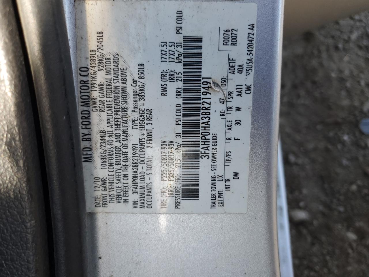 2011 Ford Fusion Se VIN: 3FAHP0HA3BR219491 Lot: 61135874