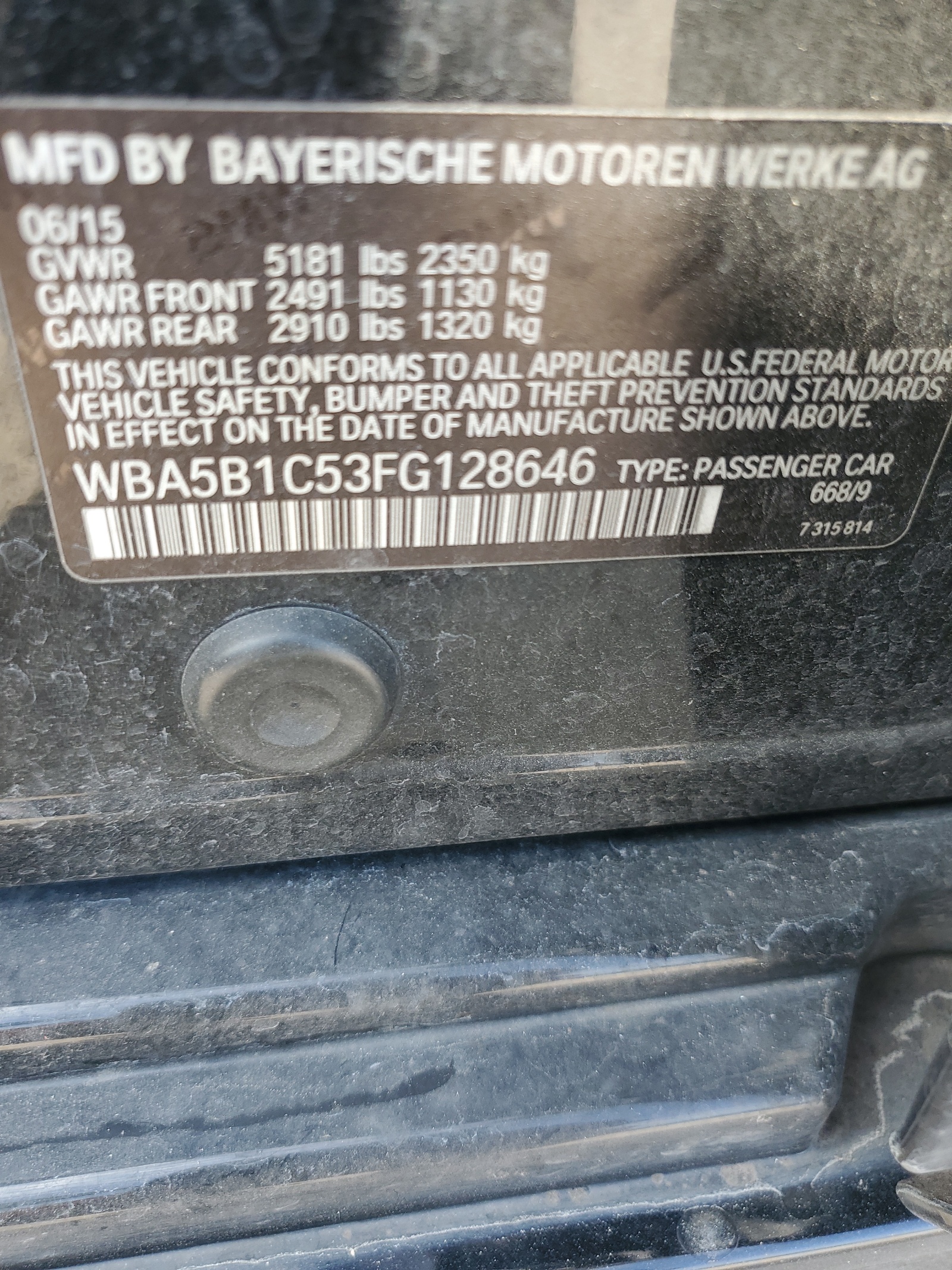 WBA5B1C53FG128646 2015 BMW 535 I