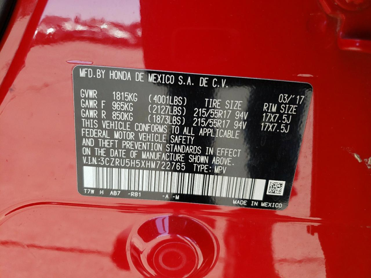 2017 Honda Hr-V Ex VIN: 3CZRU5H5XHM722765 Lot: 63092084