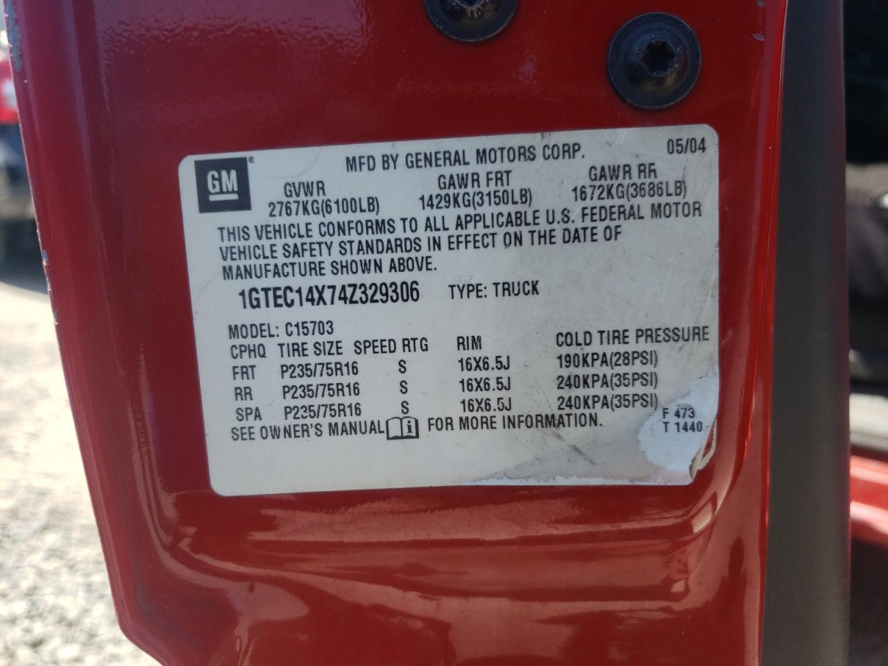 2004 GMC New Sierra C1500 VIN: 1GTEC14X74Z329306 Lot: 64211084