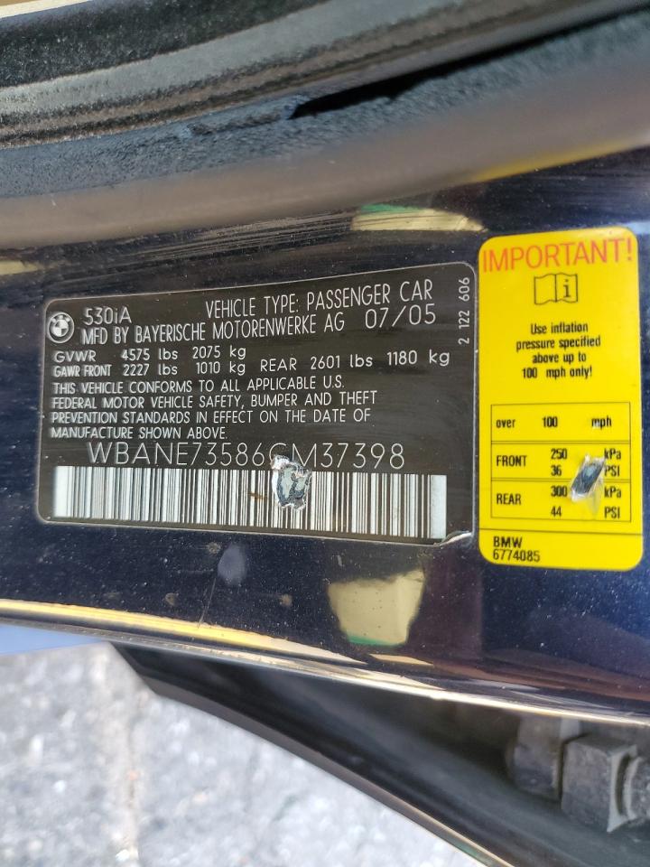 2006 BMW 530 I VIN: WBANE73586CM37398 Lot: 62261974