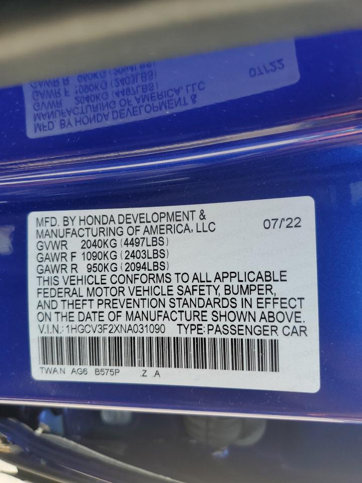 1HGCV3F2XNA031090 2022 HONDA ACCORD - Image 10