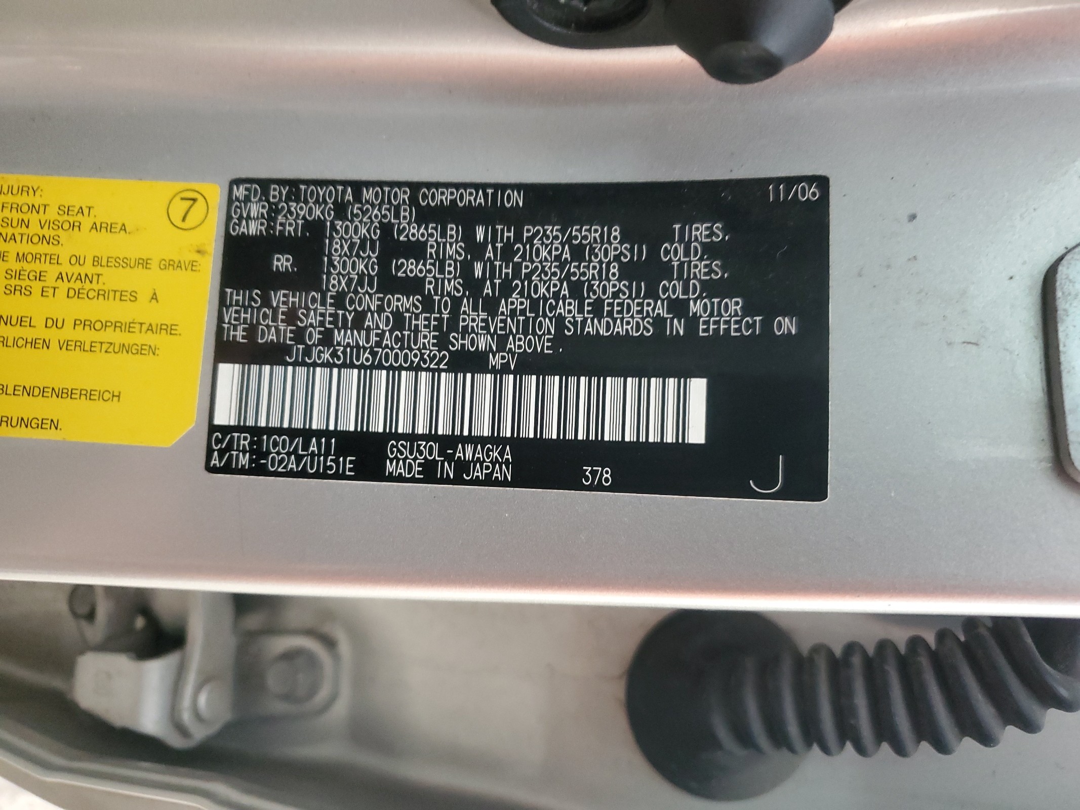 JTJGK31U670009322 2007 Lexus Rx 350