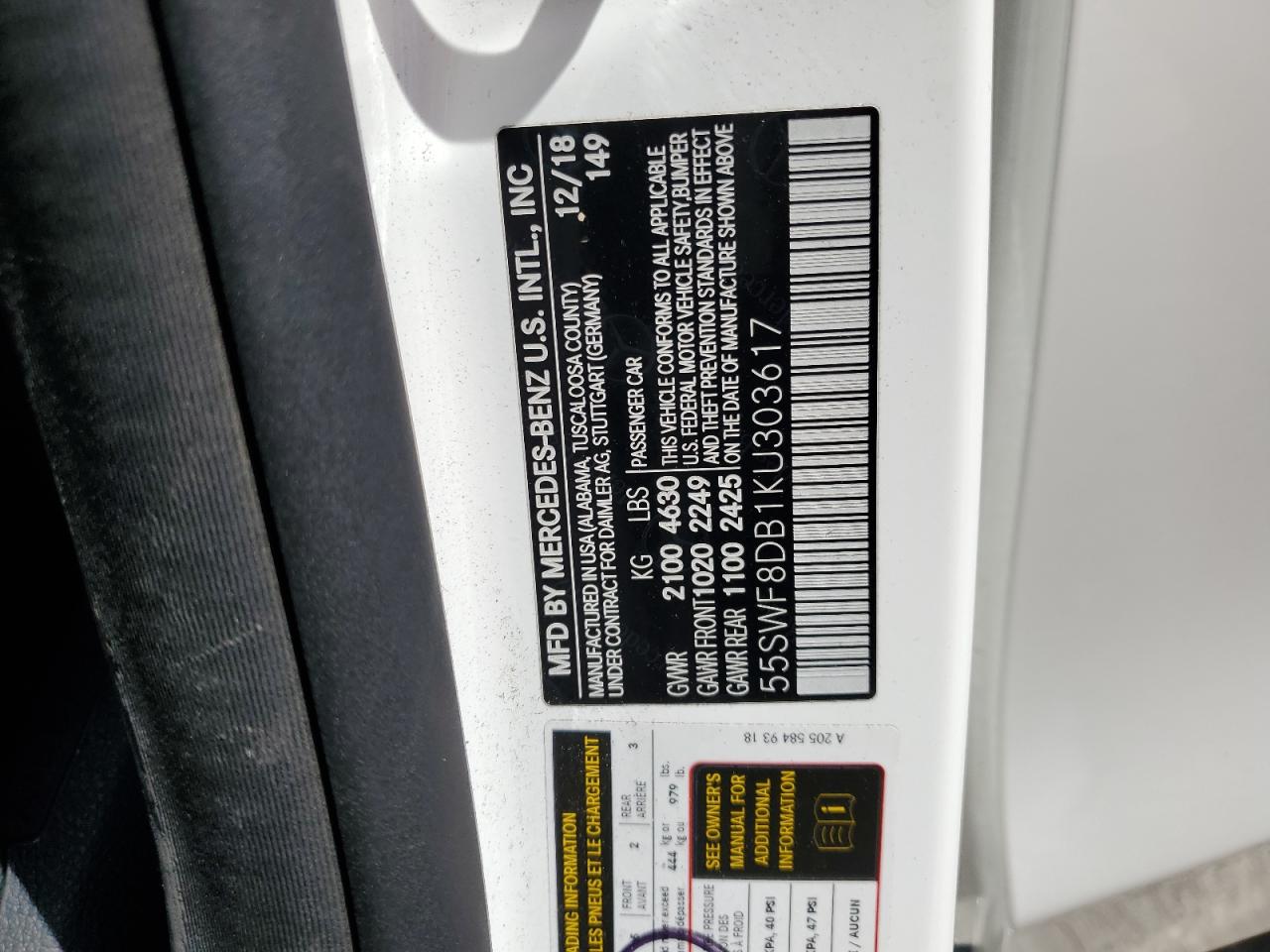 2019 Mercedes-Benz C 300 VIN: 55SWF8DB1KU303617 Lot: 65009414