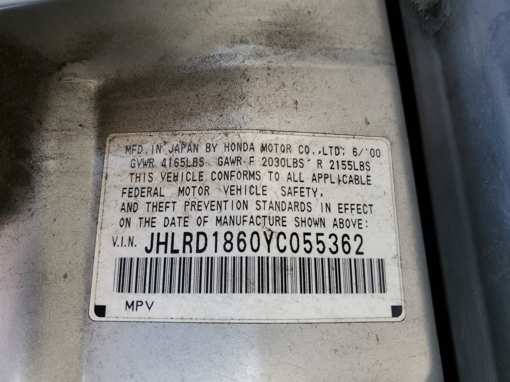JHLRD1860YC055362 2000 Honda Cr-V Ex