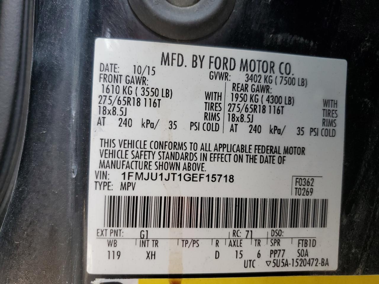 2016 Ford Expedition Xlt VIN: 1FMJU1JT1GEF15718 Lot: 63370524