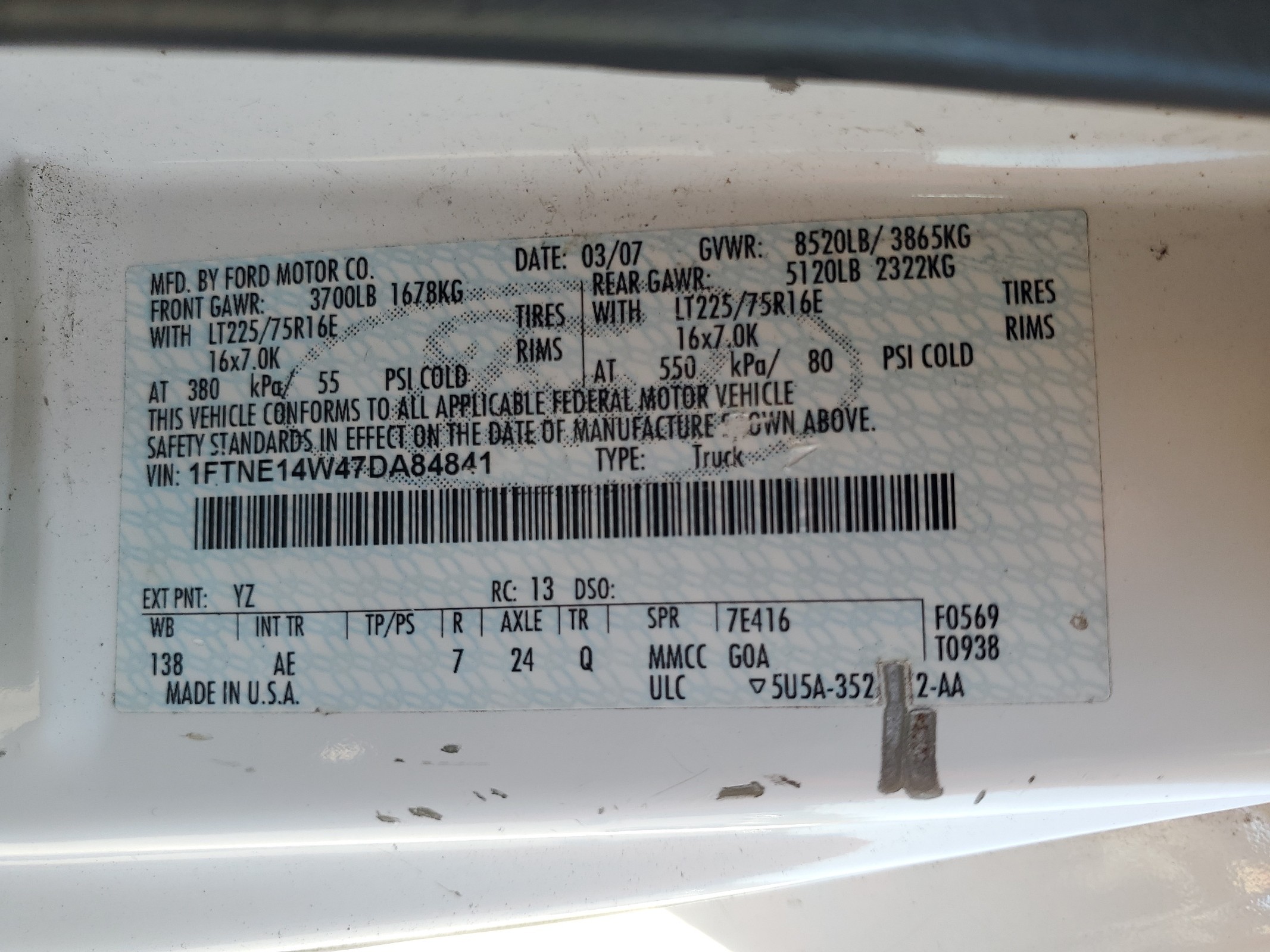 1FTNE14W47DA84841 2007 Ford Econoline E150 Van