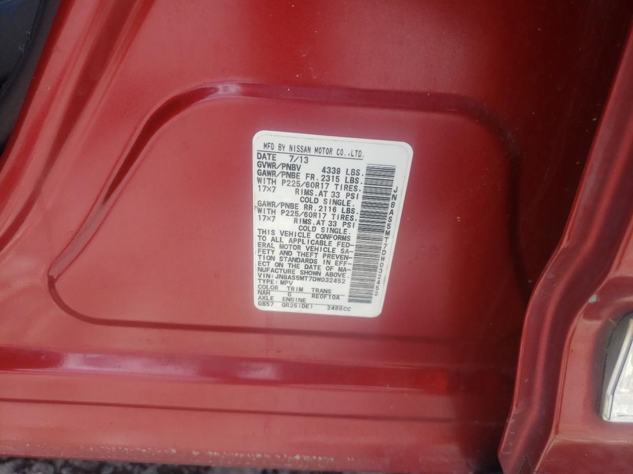 2013 Nissan Rogue S VIN: JN8AS5MT7DW032452 Lot: 64923884