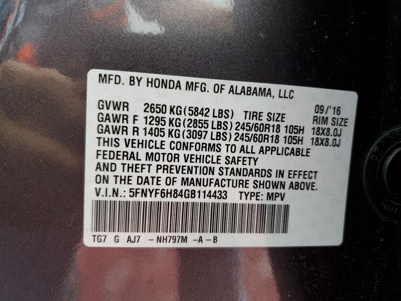 2016 Honda Pilot Exl VIN: 5FNYF6H84GB114433 Lot: 63324554