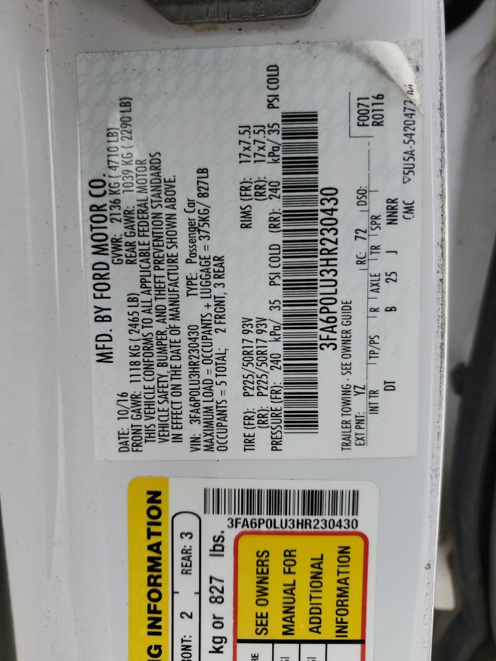 2017 Ford Fusion Se Hybrid VIN: 3FA6P0LU3HR230430 Lot: 62980574