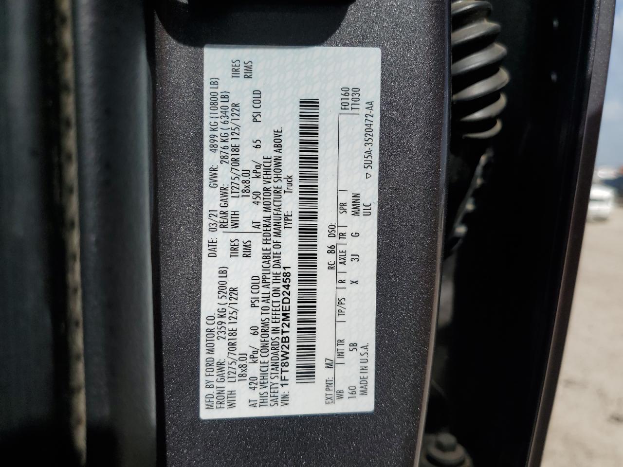 2021 Ford F250 Super Duty VIN: 1FT8W2BT2MED24581 Lot: 65466724