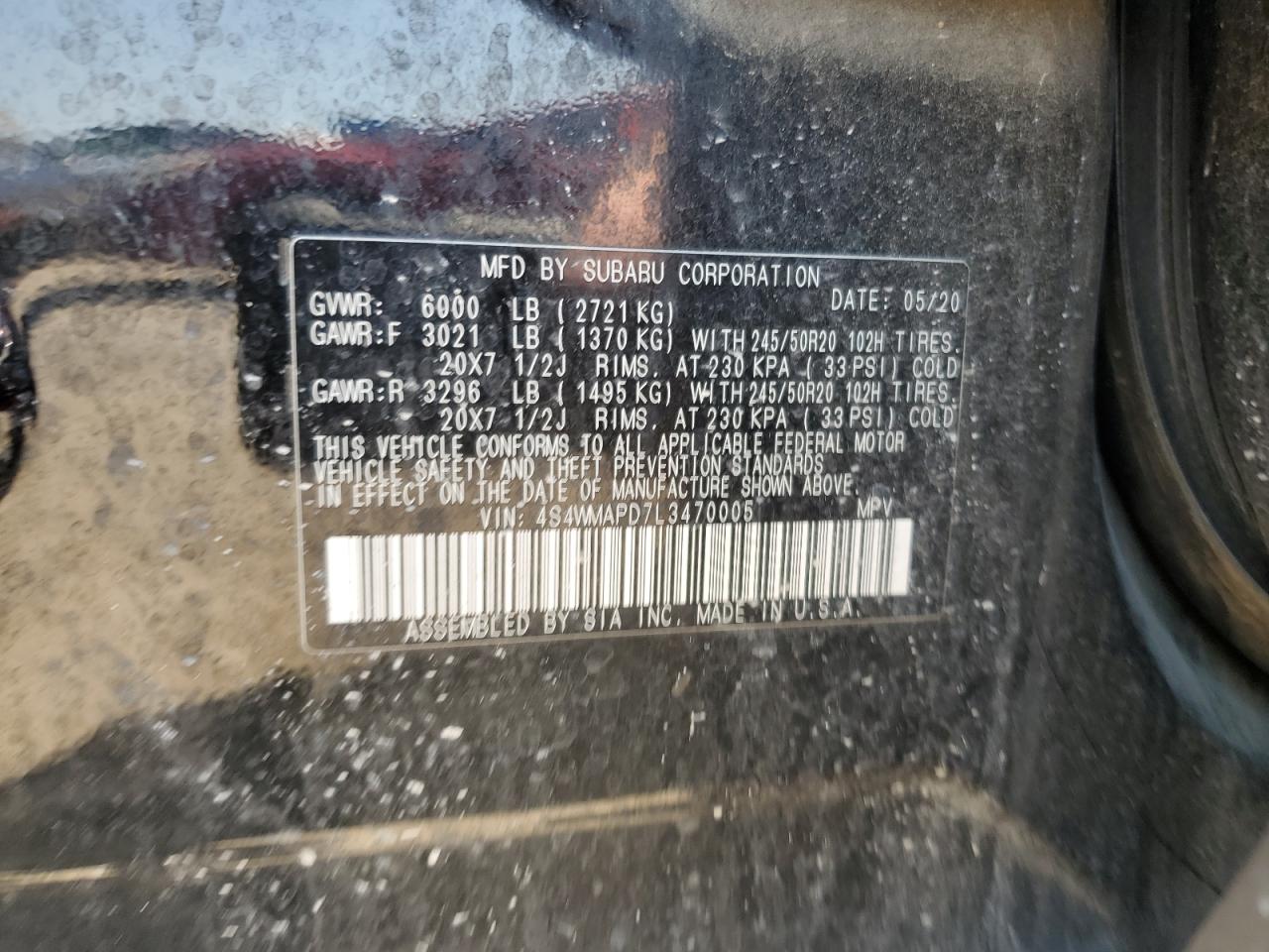 2020 Subaru Ascent Limited VIN: 4S4WMAPD7L3470005 Lot: 62736894