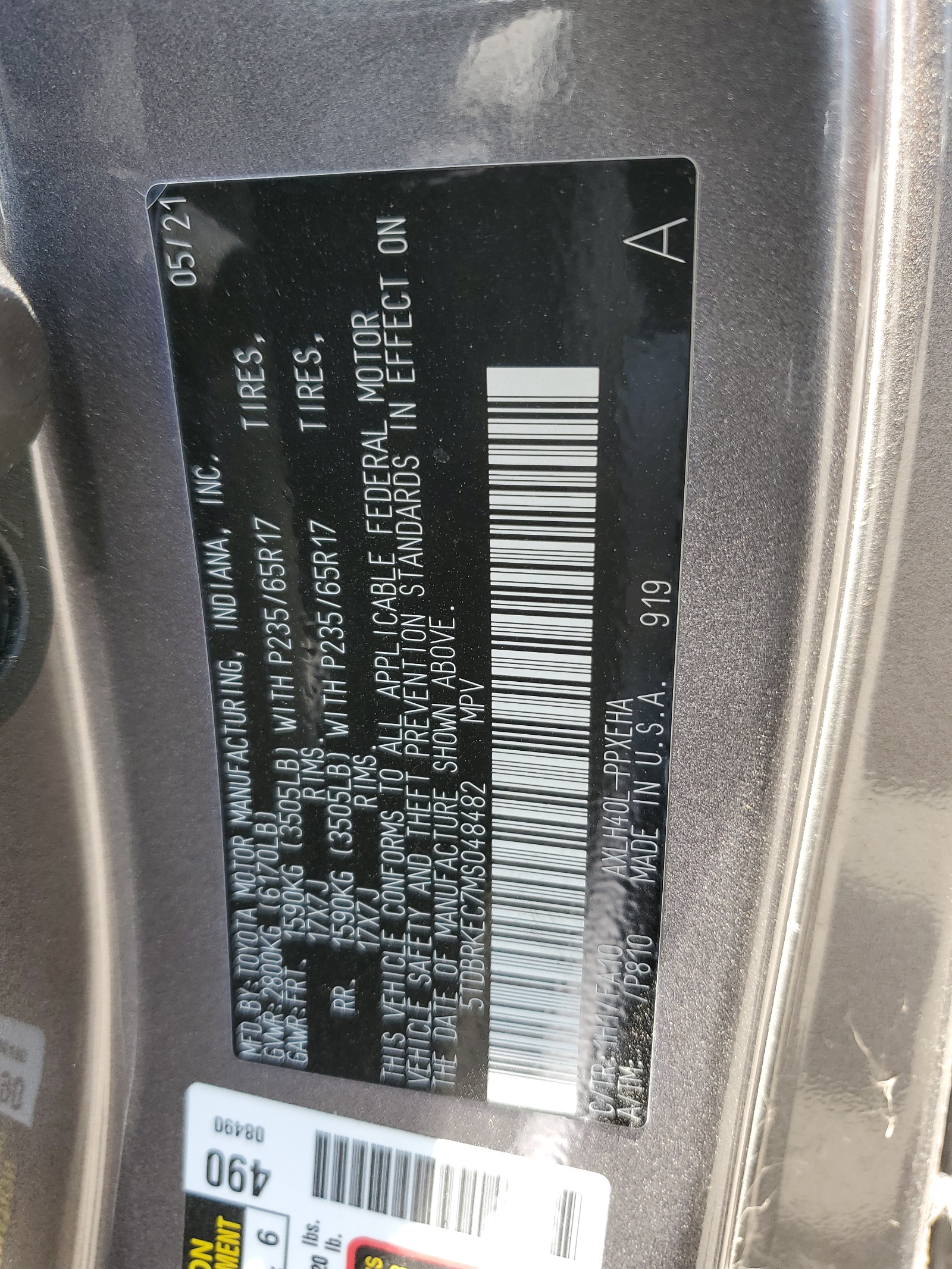 5TDBRKEC7MS048482 2021 Toyota Sienna Le