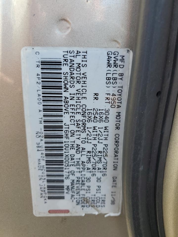 1999 Lexus Rx 300 VIN: JT6HF10U1X0051776 Lot: 62247884