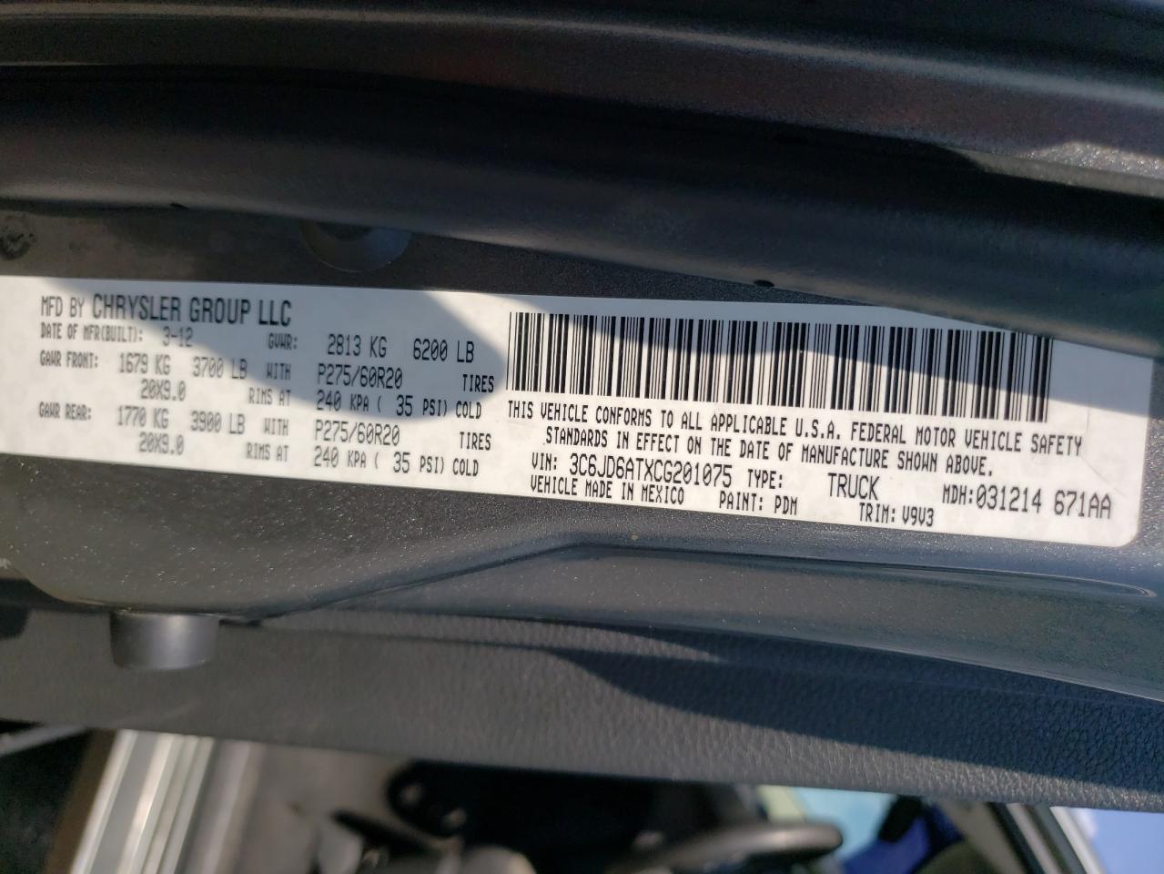 3C6JD6ATXCG201075 2012 Dodge Ram 1500 St