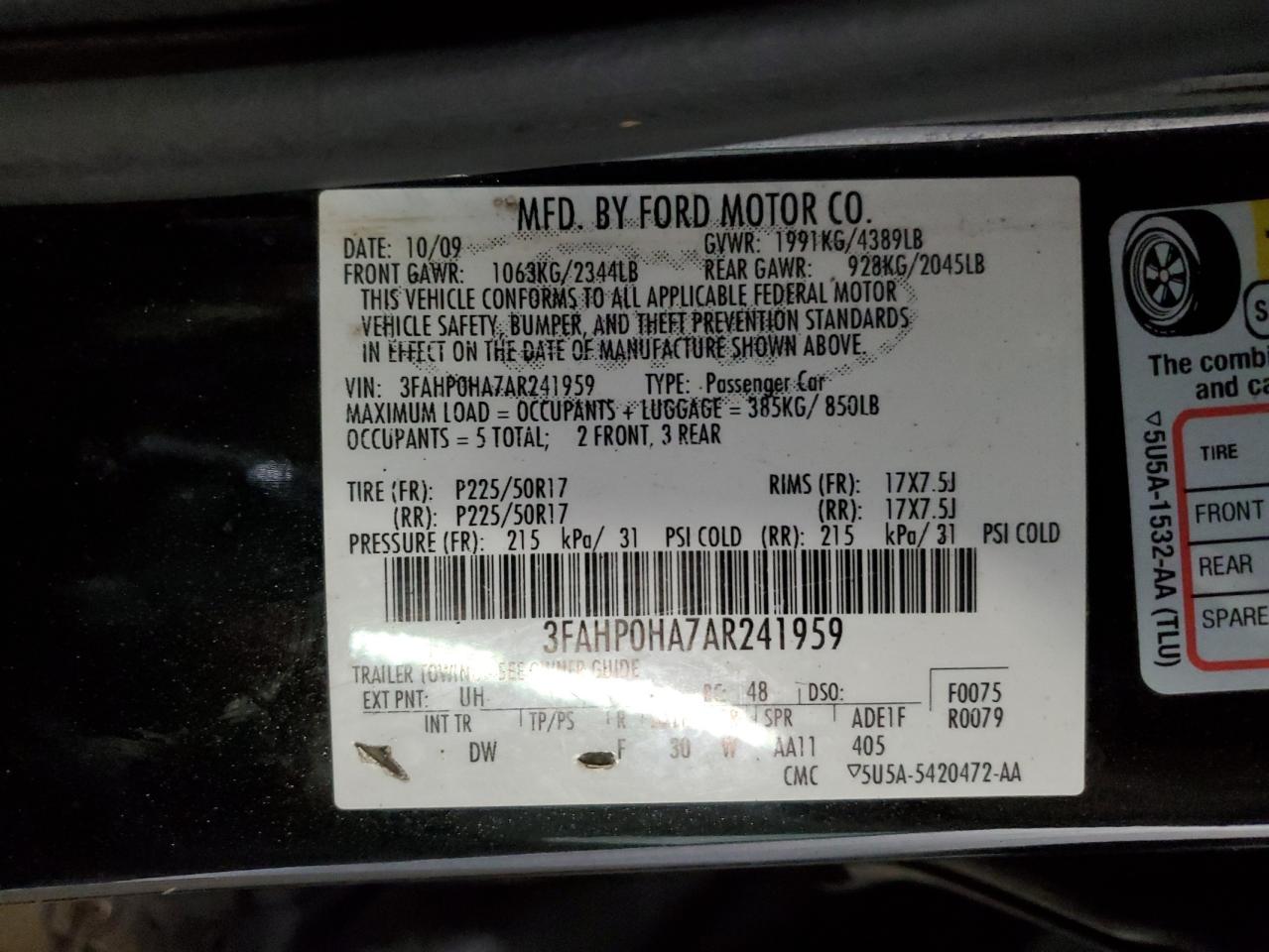 2010 Ford Fusion Se VIN: 3FAHP0HA7AR241959 Lot: 62920334