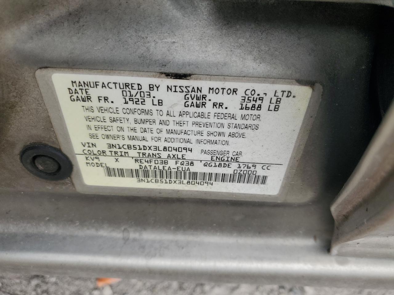 2003 Nissan Sentra Xe VIN: 3N1CB51DX3L804094 Lot: 62476804