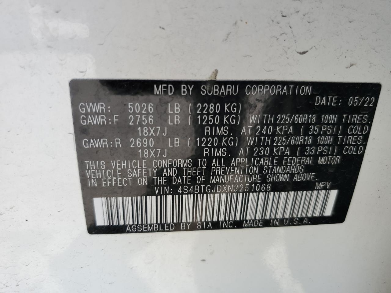 2022 Subaru Outback Onyx Edition Xt VIN: 4S4BTGJDXN3251068 Lot: 61873914