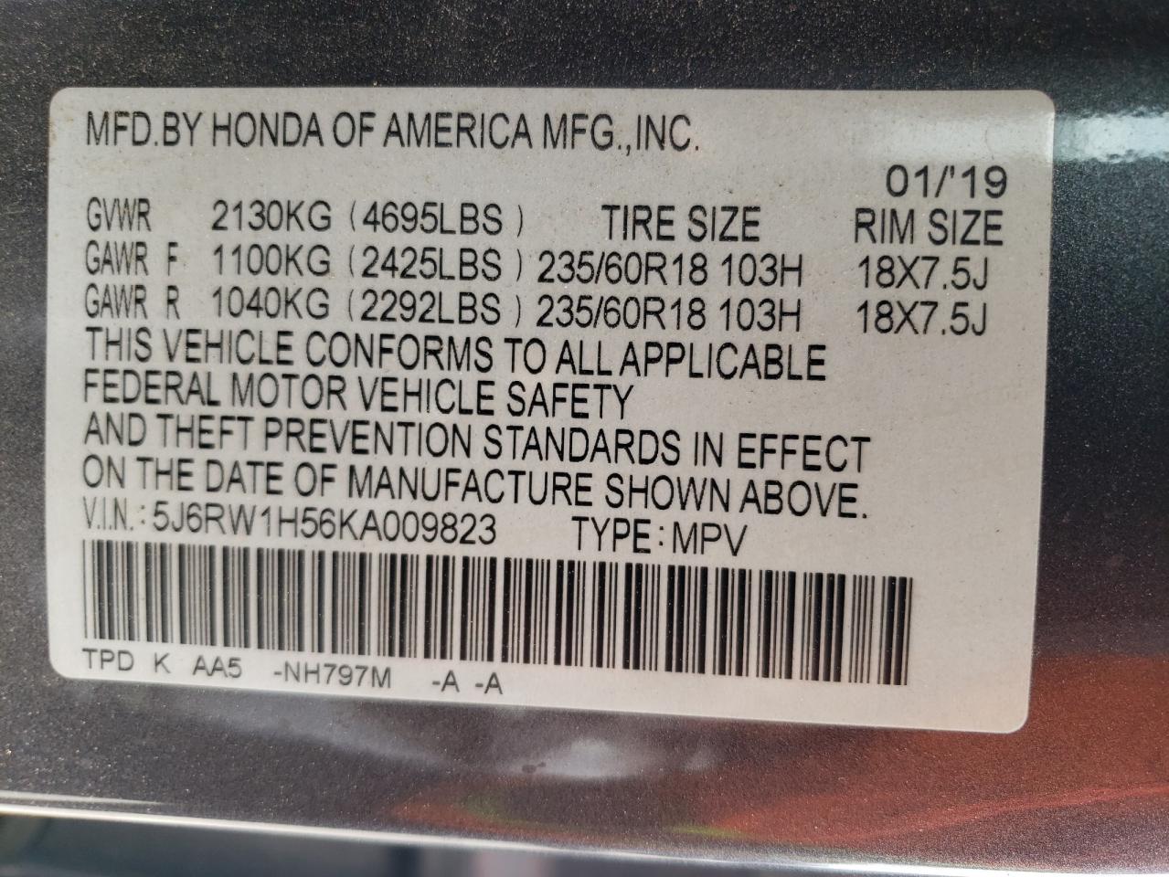 2019 Honda Cr-V Ex VIN: 5J6RW1H56KA009823 Lot: 63125434
