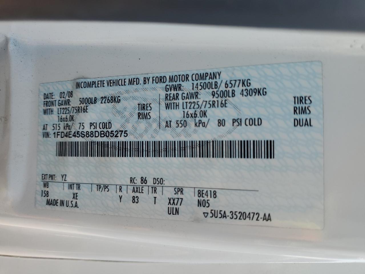 2008 Ford Econoline E450 Super Duty Cutaway Van VIN: 1FD4E45S88DB05275 Lot: 62550384