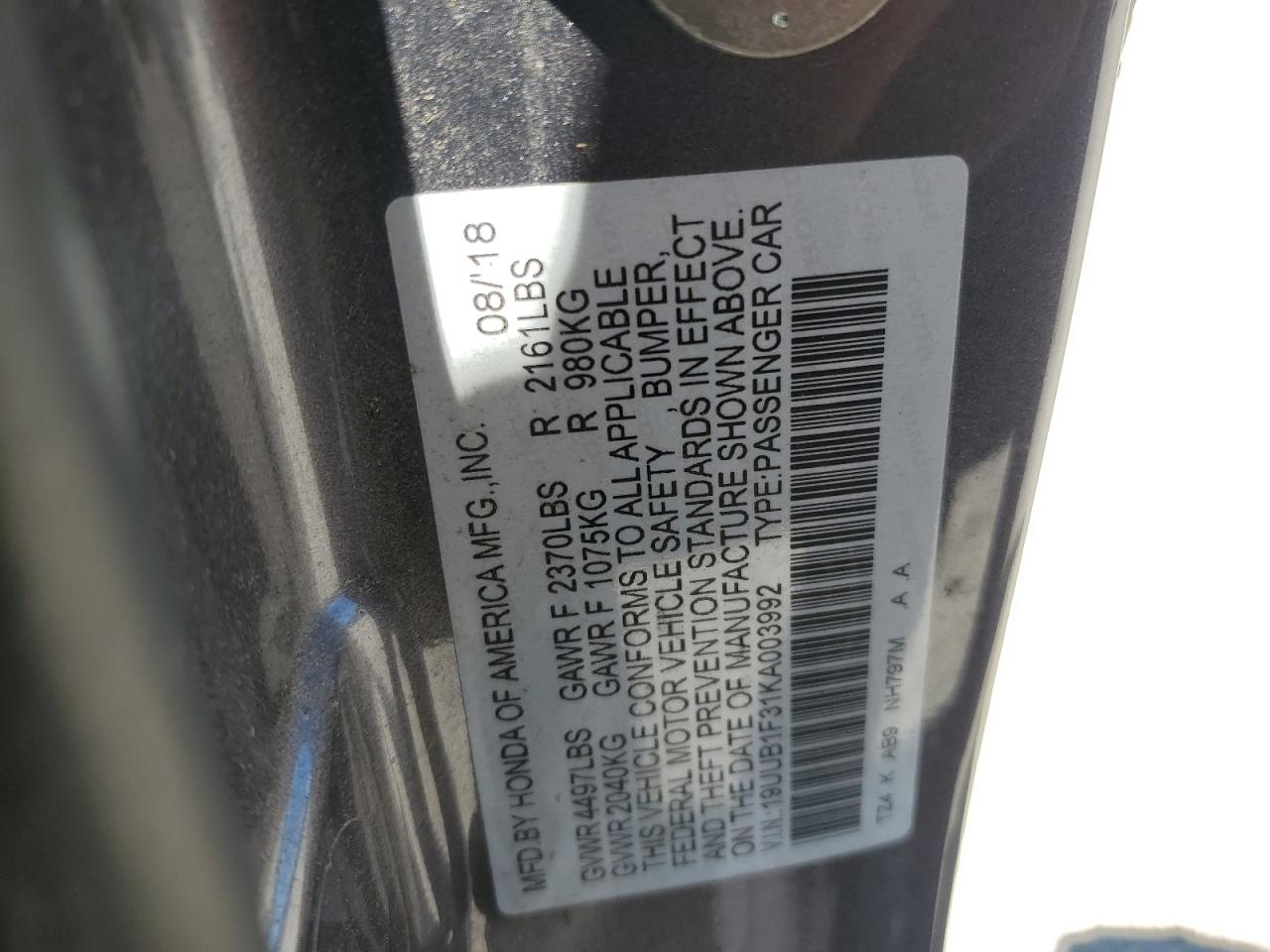 19UUB1F31KA003992 2019 Acura Tlx