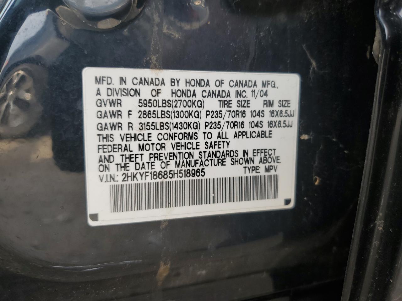 2005 Honda Pilot Exl VIN: 2HKYF18685H518965 Lot: 63619874