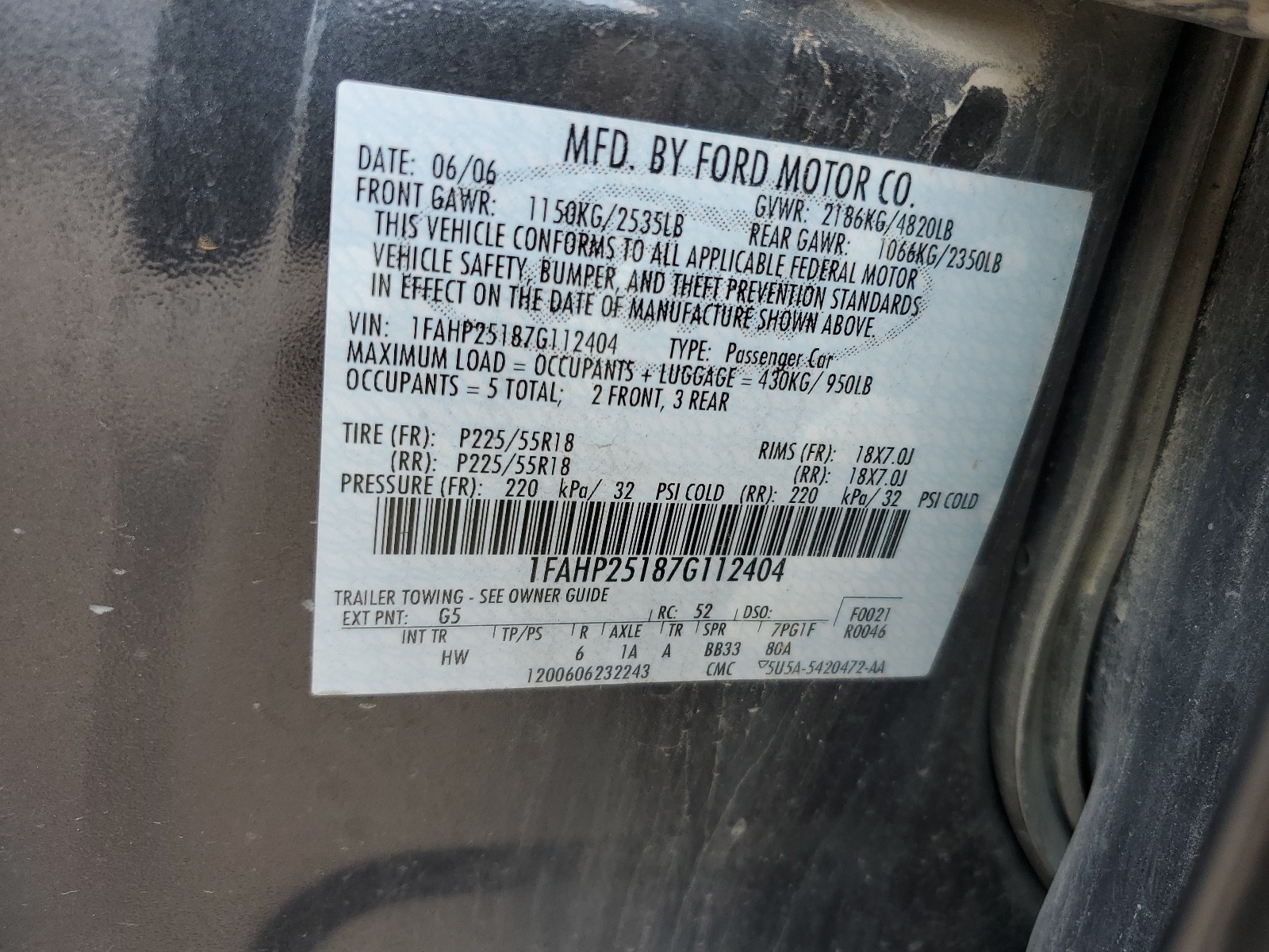 1FAHP25187G112404 2007 Ford Five Hundred Limited