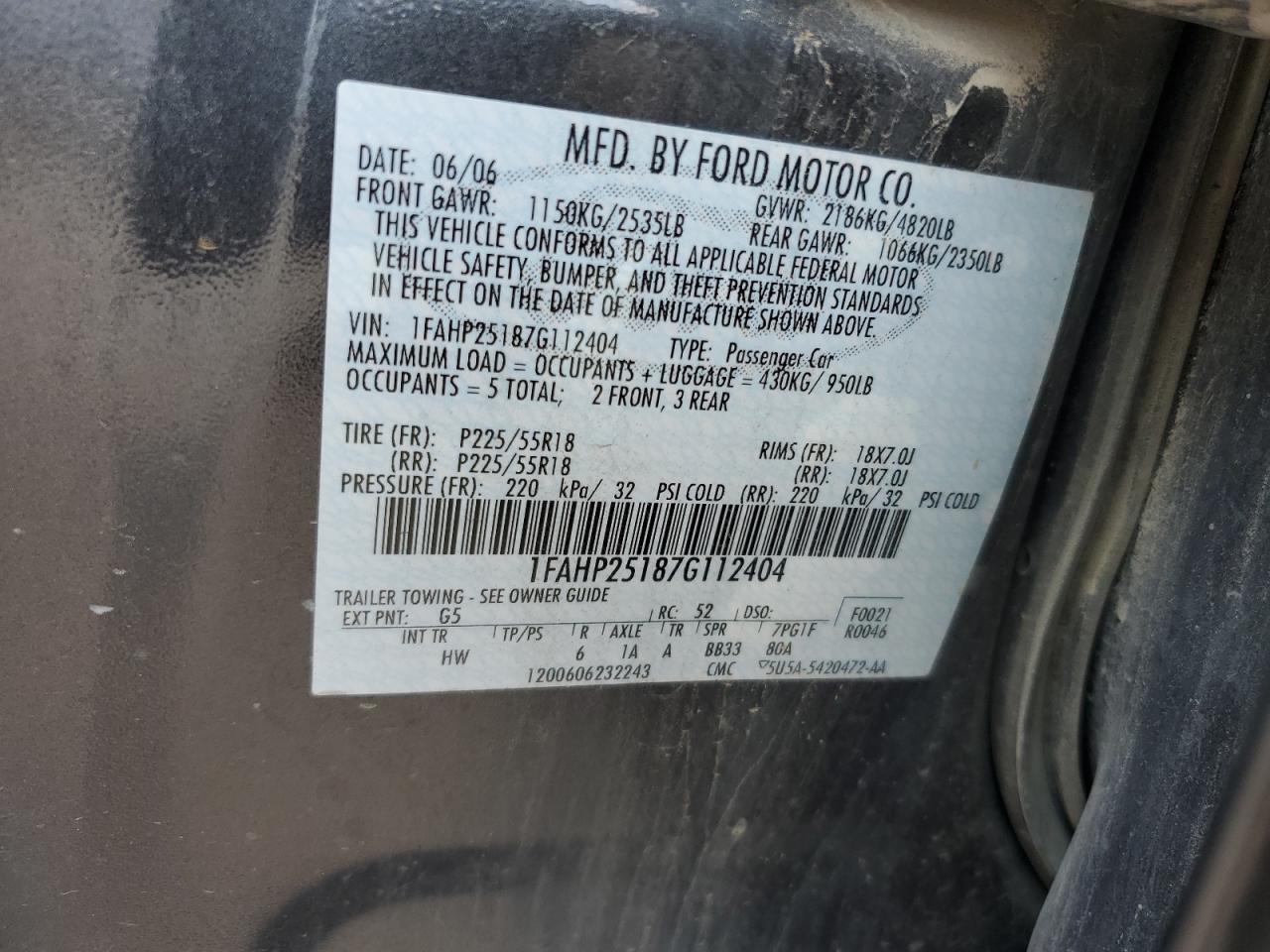 2007 Ford Five Hundred Limited VIN: 1FAHP25187G112404 Lot: 64350614