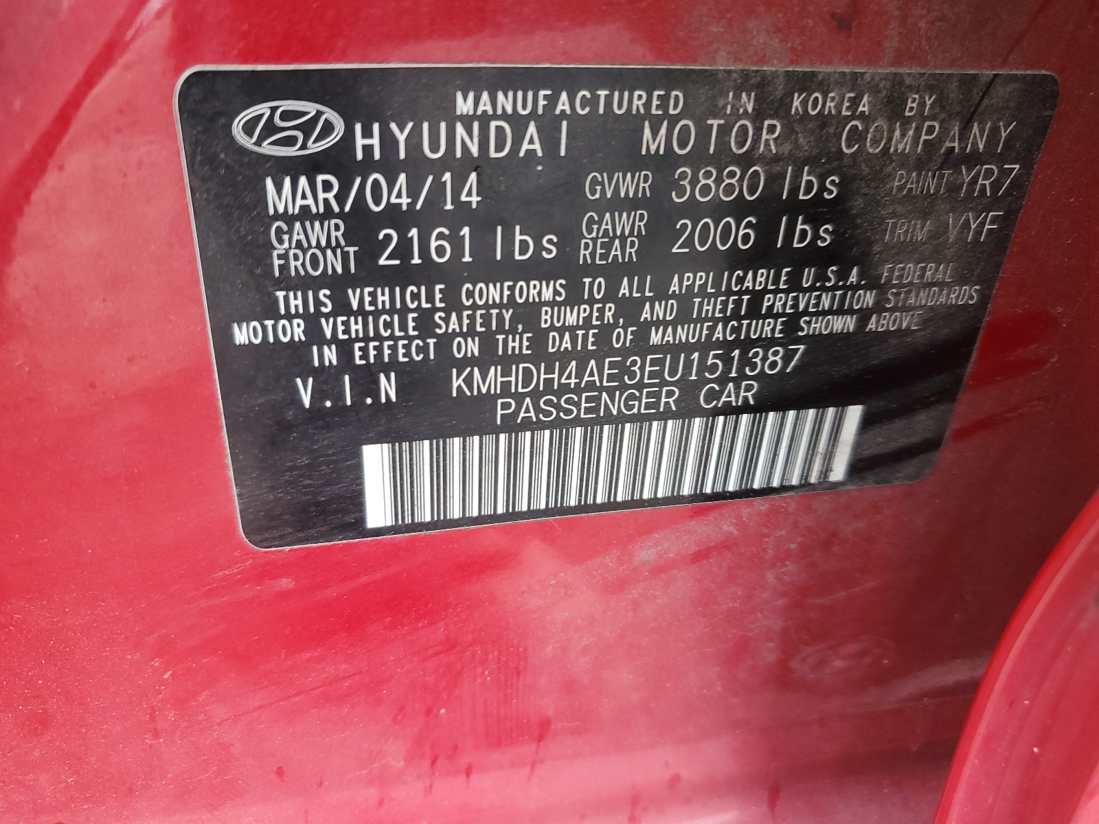 KMHDH4AE3EU151387 2014 Hyundai Elantra Se