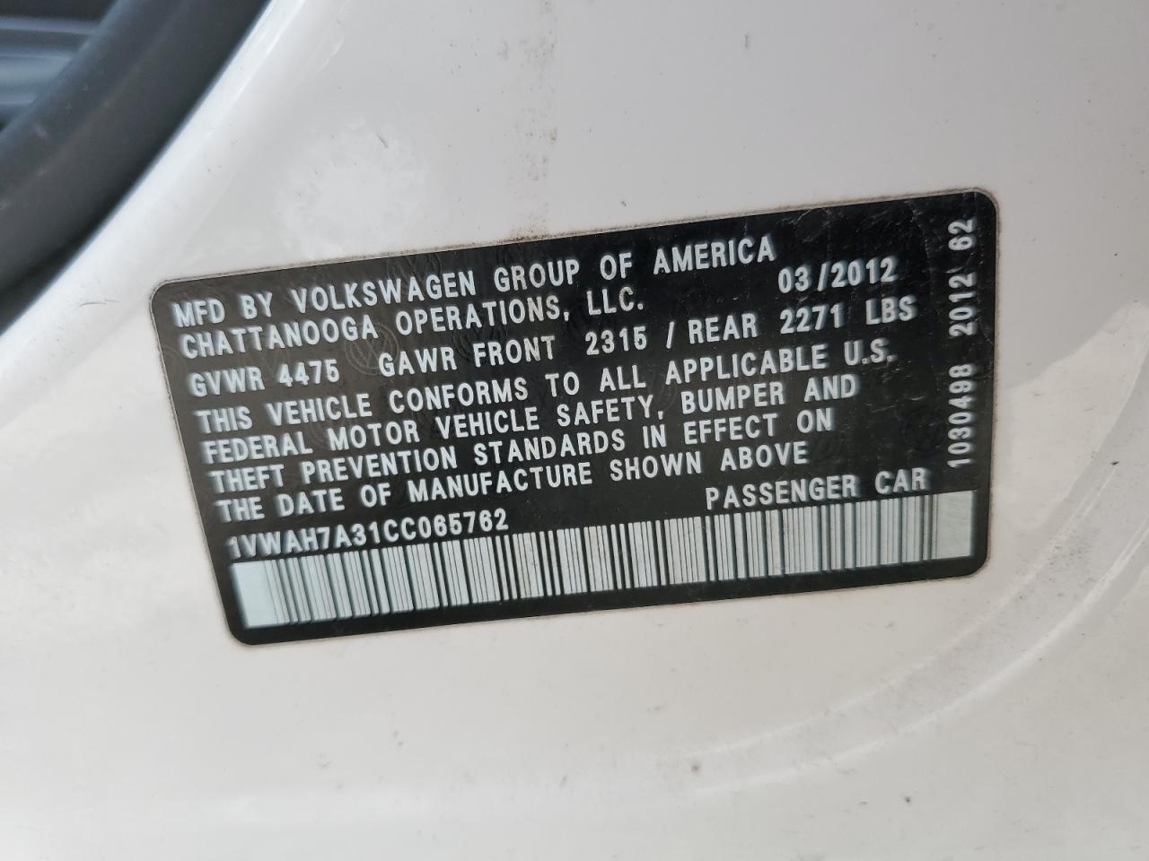 1VWAH7A31CC065762 2012 Volkswagen Passat S