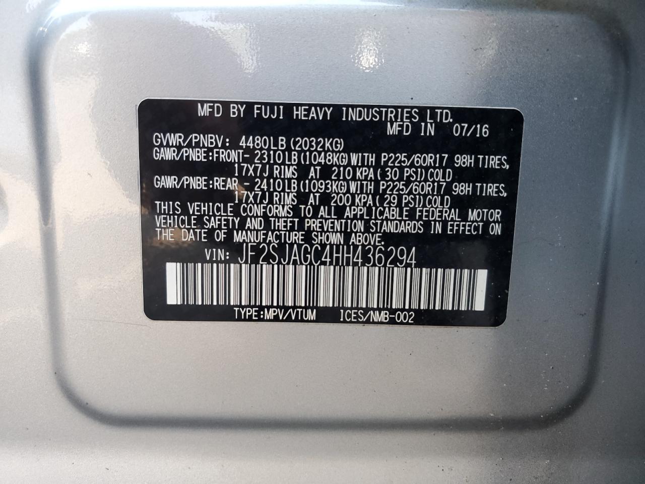 2017 Subaru Forester 2.5I Premium VIN: JF2SJAGC4HH436294 Lot: 63186034