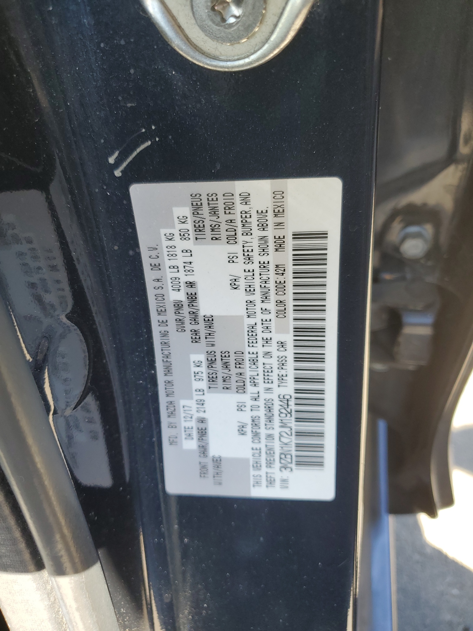 3MZBN1K72JM192446 2018 Mazda 3 Sport