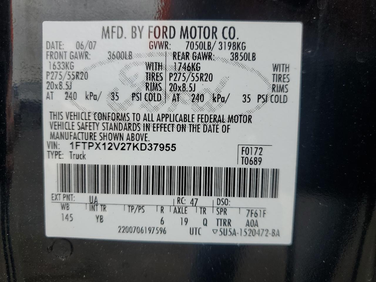 2007 Ford F150 VIN: 1FTPX12V27KD37955 Lot: 64969374