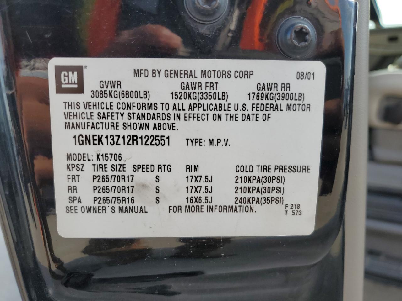 2002 Chevrolet Tahoe K1500 VIN: 1GNEK13Z12R122551 Lot: 62273274