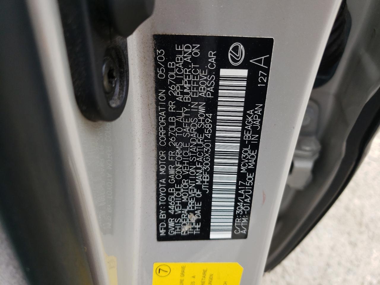 2003 Lexus Es 300 VIN: JTHBF30GX30145894 Lot: 64000044