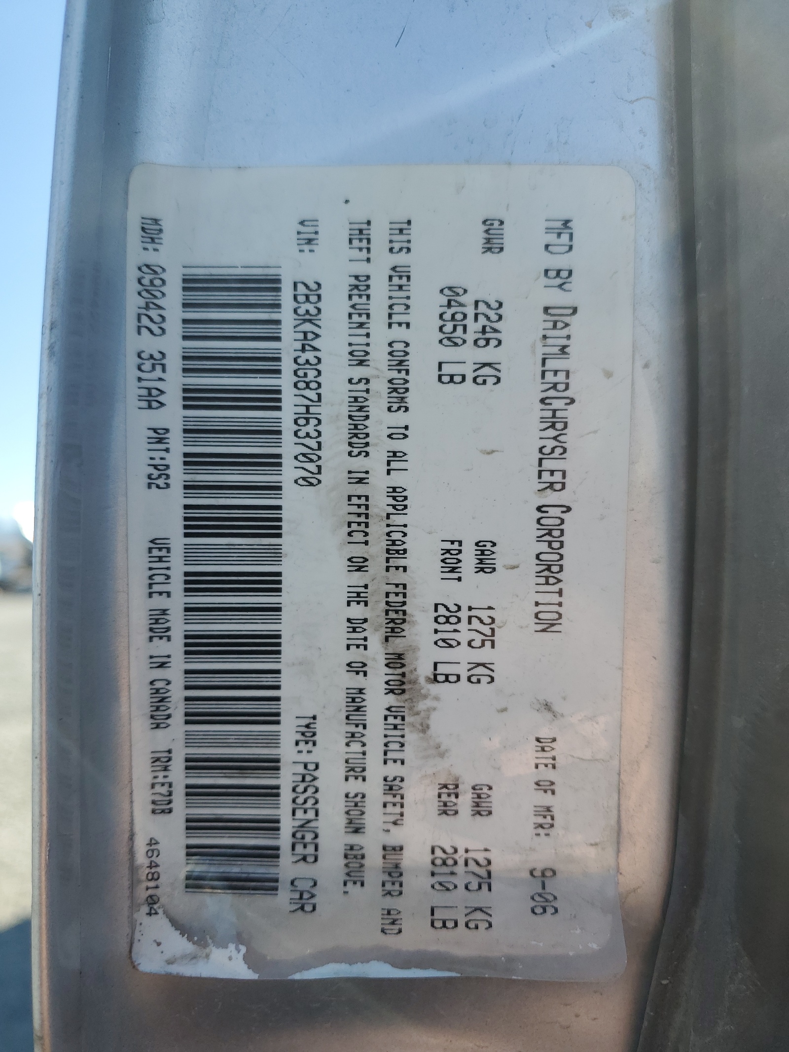 2B3KA43G87H637070 2007 Dodge Charger Se