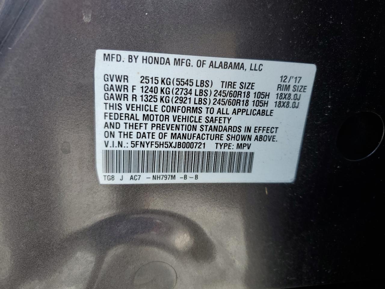 2018 Honda Pilot Exl VIN: 5FNYF5H5XJB000721 Lot: 63585664