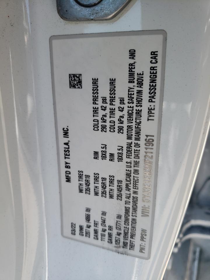 5YJ3E1EB3NF211961 2022 Tesla Model 3