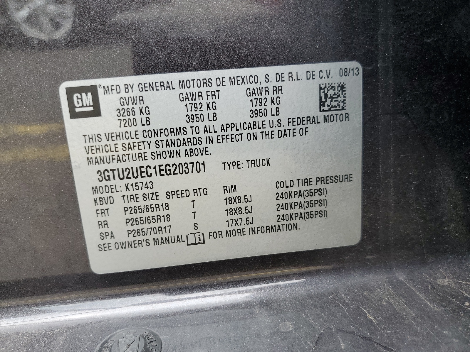 3GTU2UEC1EG203701 2014 GMC Sierra K1500 Sle