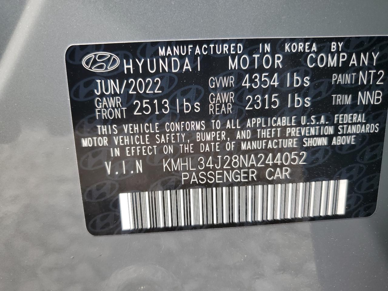 2022 Hyundai Sonata Limited VIN: KMHL34J28NA244052 Lot: 64345454