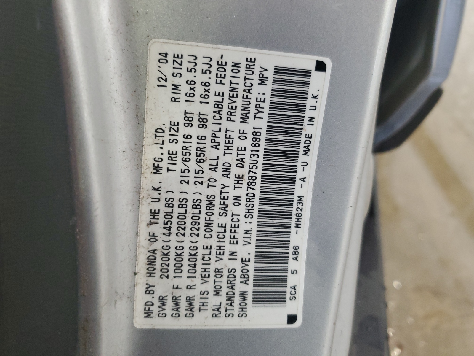 SHSRD78875U316981 2005 Honda Cr-V Ex