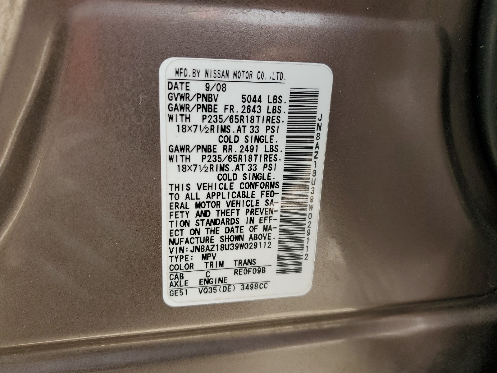 JN8AZ18U39W029112 2009 Nissan Murano S