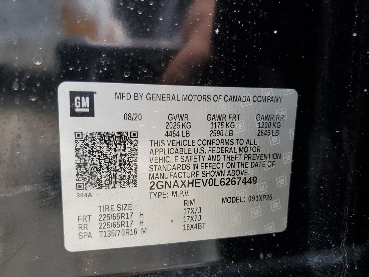 2020 Chevrolet Equinox Ls VIN: 2GNAXHEV0L6267449 Lot: 63554224