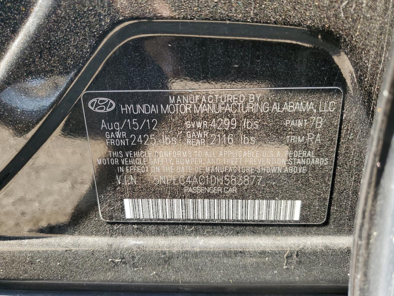 2013 Hyundai Sonata Se VIN: 5NPEC4AC1DH583877 Lot: 62822524