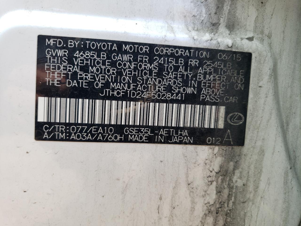 2015 Lexus Is 250 VIN: JTHCF1D24F5028441 Lot: 64586194