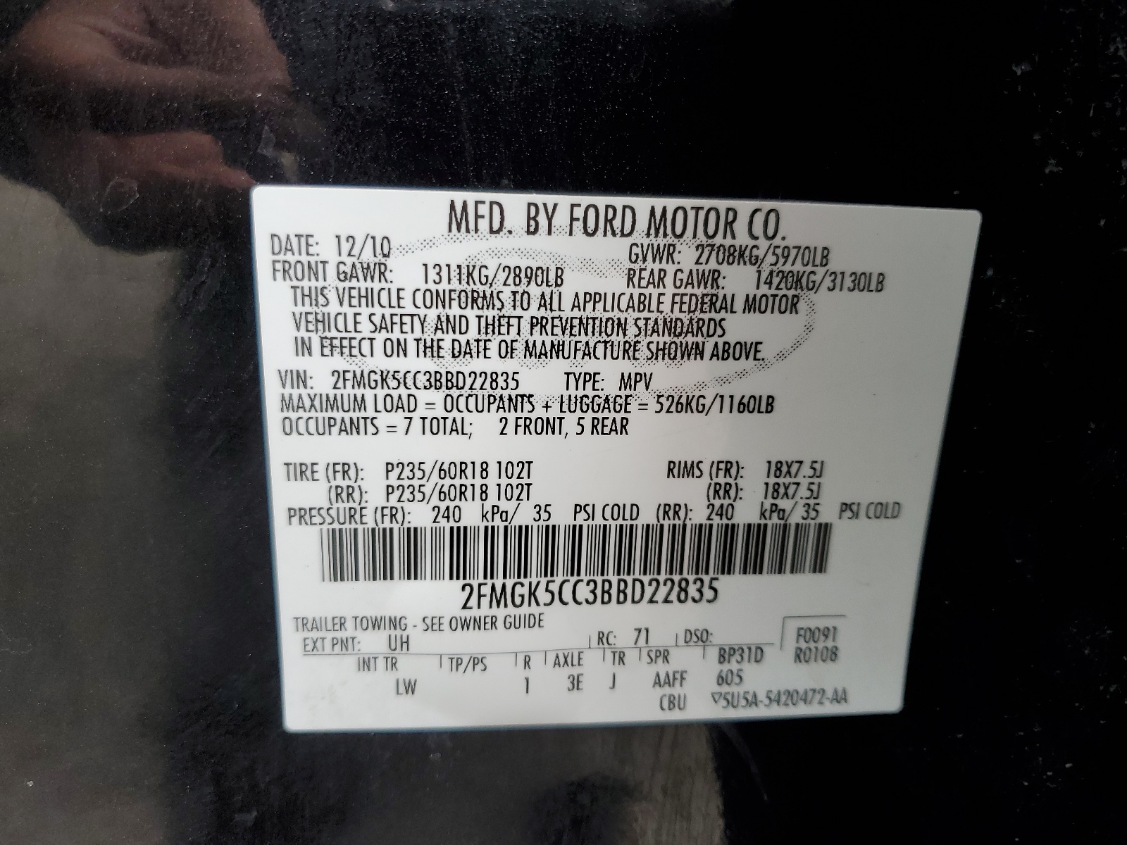 2FMGK5CC3BBD22835 2011 Ford Flex Sel