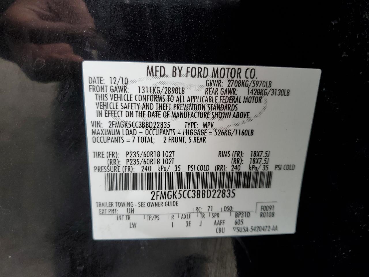 2011 Ford Flex Sel VIN: 2FMGK5CC3BBD22835 Lot: 63535474