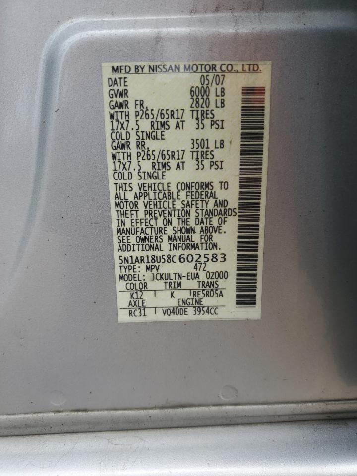 2008 Nissan Pathfinder S VIN: 5N1AR18U58C602583 Lot: 65154484