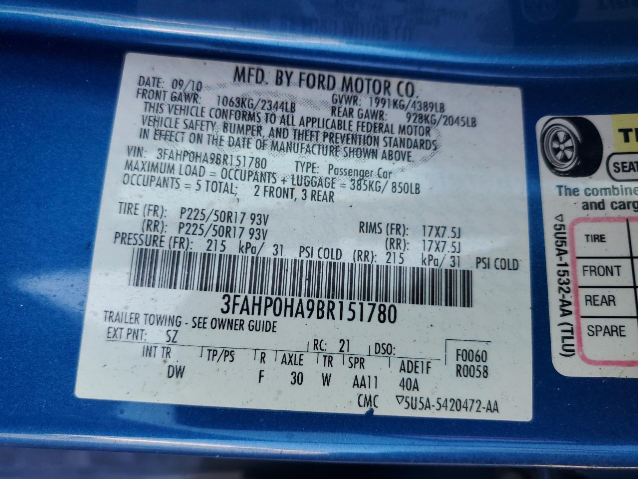 2011 Ford Fusion Se VIN: 3FAHP0HA9BR151780 Lot: 62290084